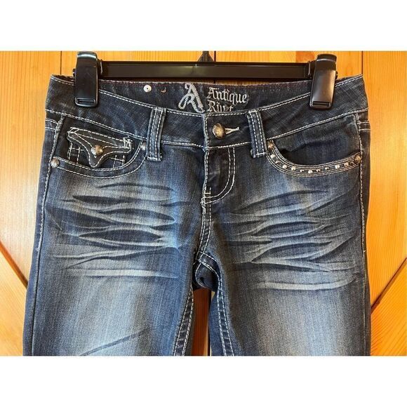 Antique Rivet Straight Jeans Size 26 Rhinestone Gothic Rock (2129) Read - Picture 3 of 10